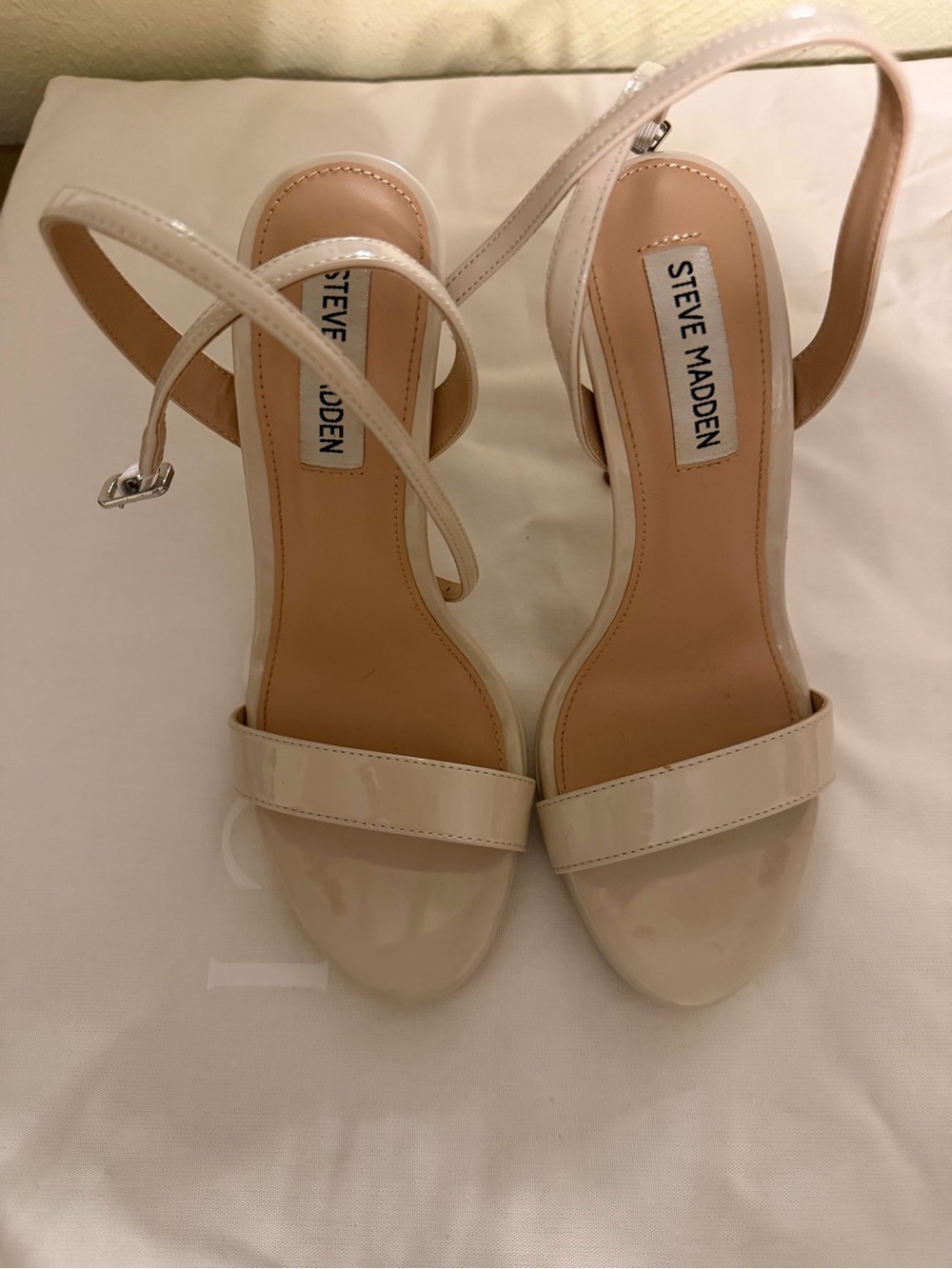 Steve Madden Patent Ankle-Strap Sandals in Nude/Beige